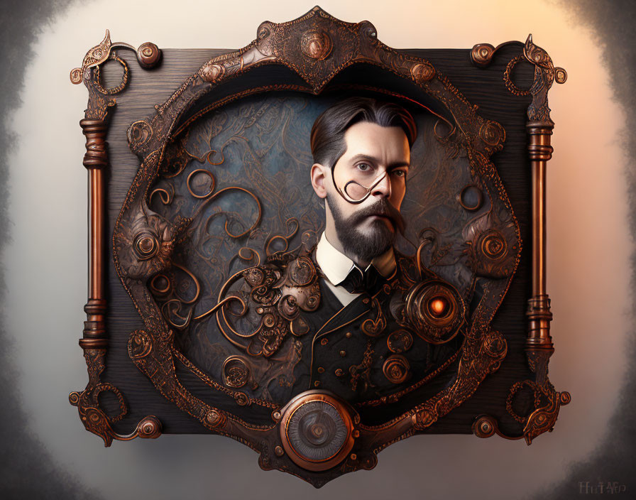 Steampunk-themed portrait of a man with a mustache in bronze frame