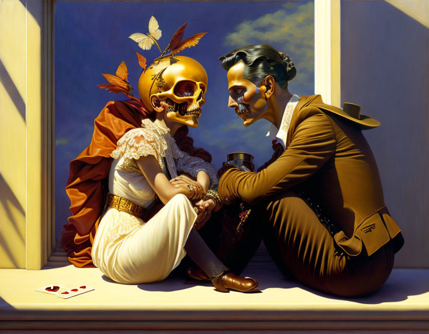 Surreal painting of two skull-faced figures in dress and suit holding hands.
