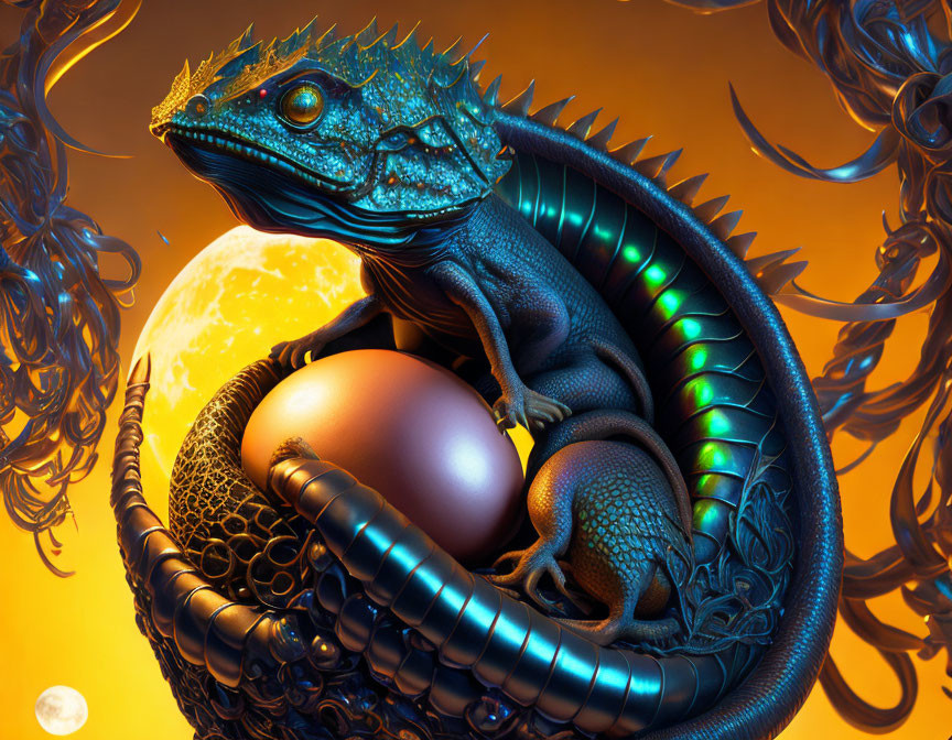 Blue dragon with iridescent scales guarding an egg in fiery orange setting.