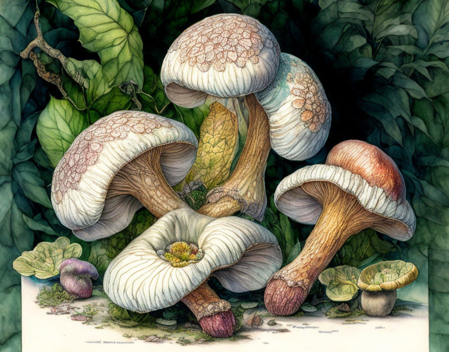 Detailed Stylized Mushroom Cluster in Lush Greenery