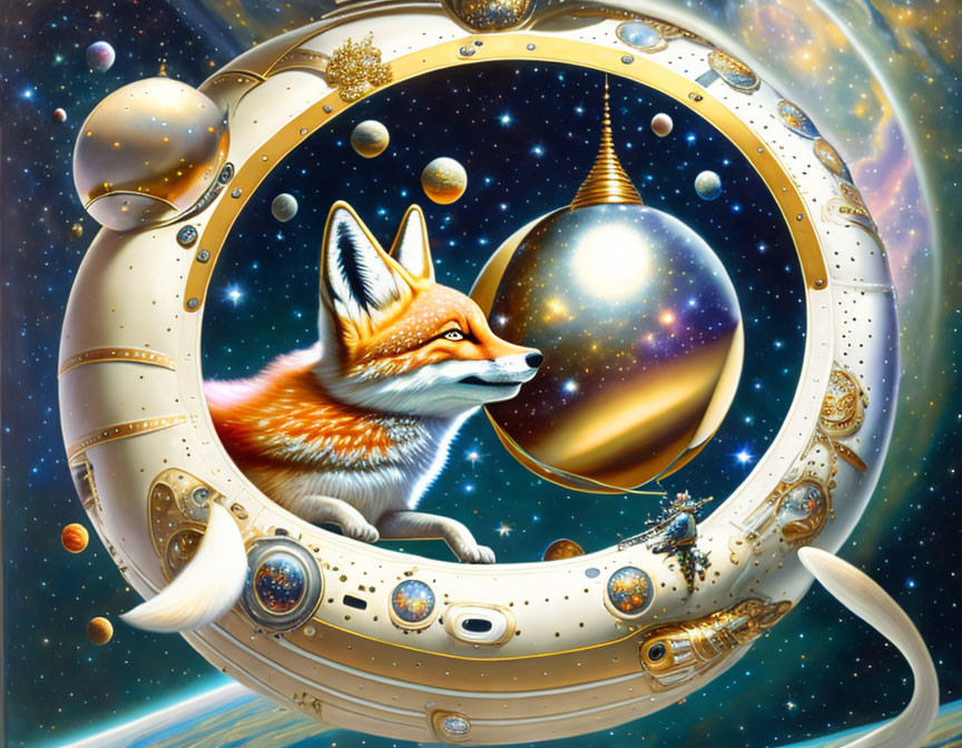 Colorful Steampunk Fox in Circular Spacecraft Scene