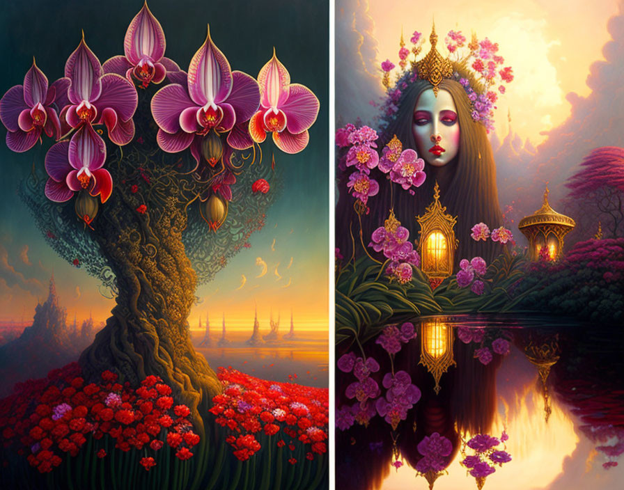 Split Image: Vibrant Orchids on Tree & Serene Woman by Water with Lanterns