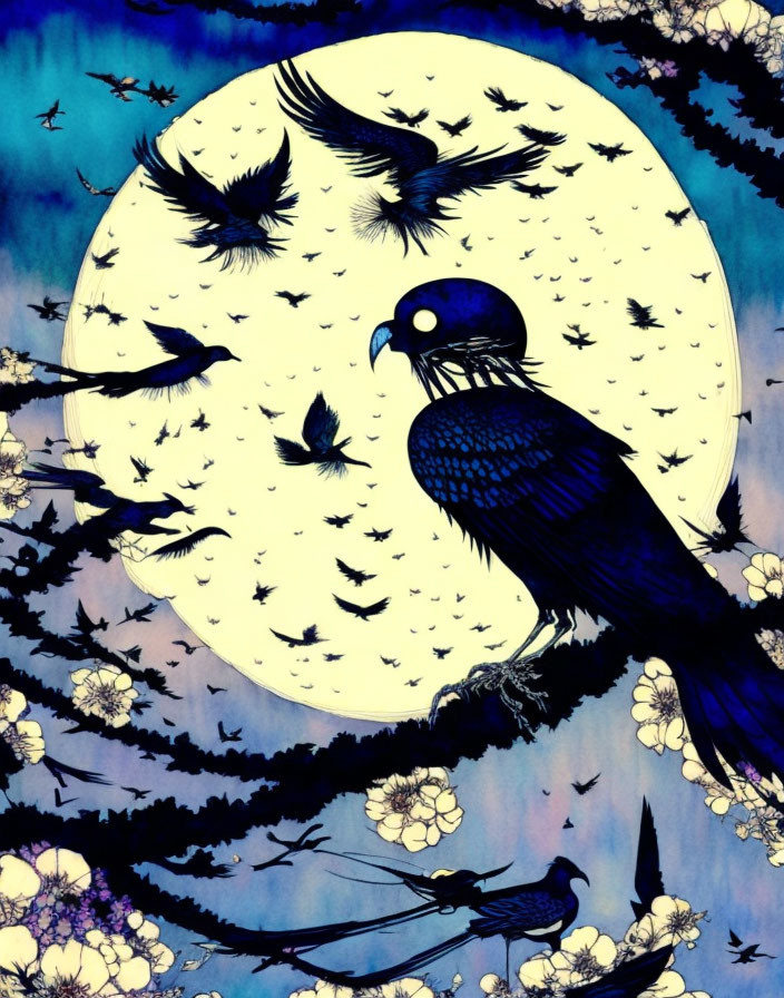 Detailed illustration of large dark bird perched under full moon in blue night sky with flying birds and white