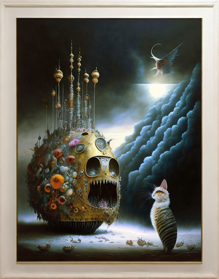 Skull-shaped structure with towers, flowers, floating objects, bird creature, and striped cat in surreal
