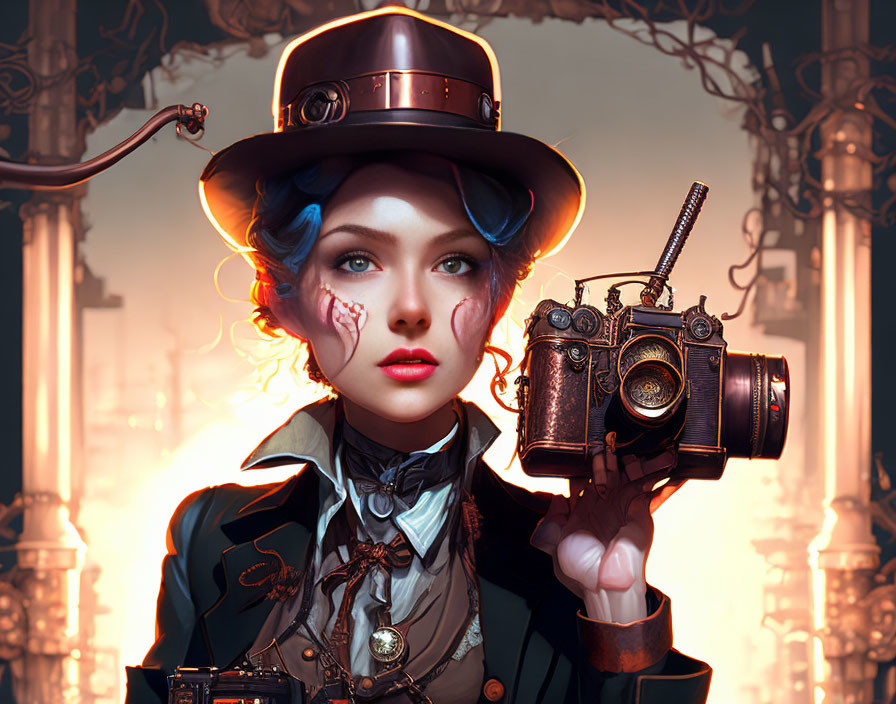 Steampunk-inspired woman with top hat and retro-futuristic camera among industrial gears