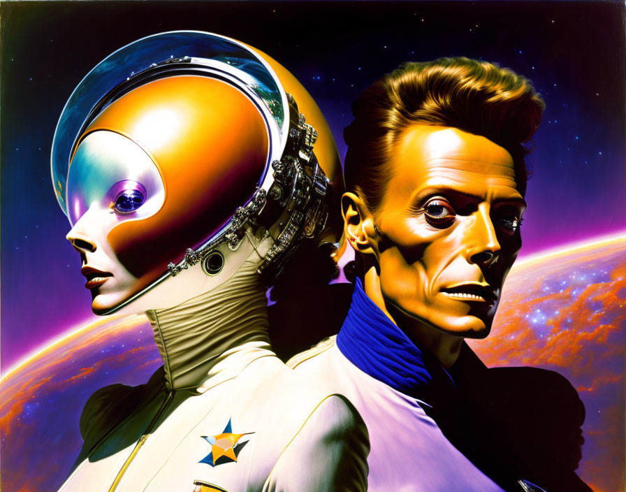 Illustration of human male and humanoid robot in space scene