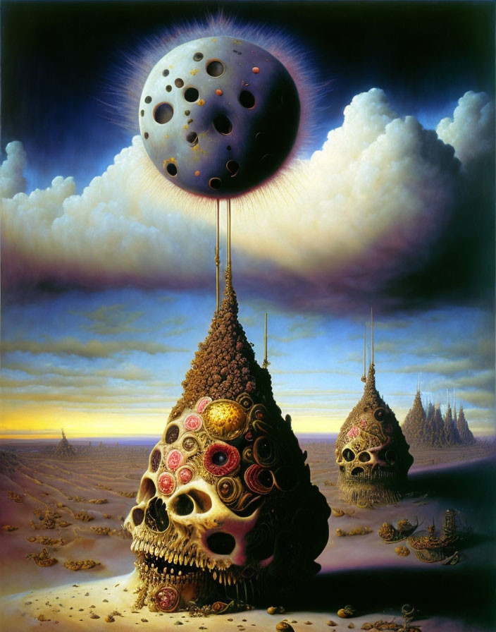 Surreal landscape featuring skull-like structures, moon with holes, ship, dramatic sky