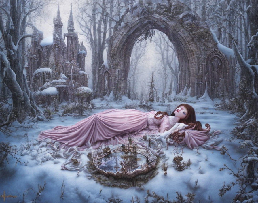 Woman in pink dress lying in snow among candlelit ruins with archway and castle-like structures.