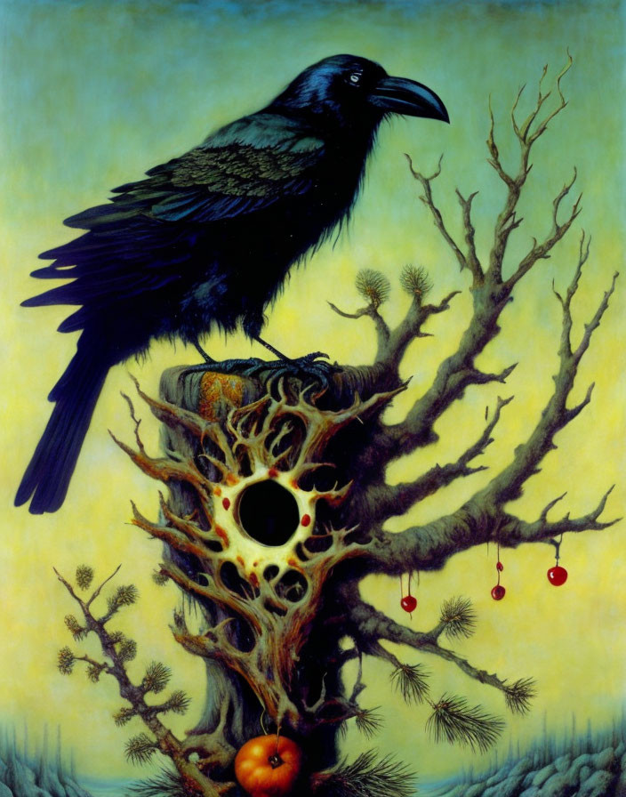 Black raven on tree branch with red berries and orange fruit symbolizing mystical aura