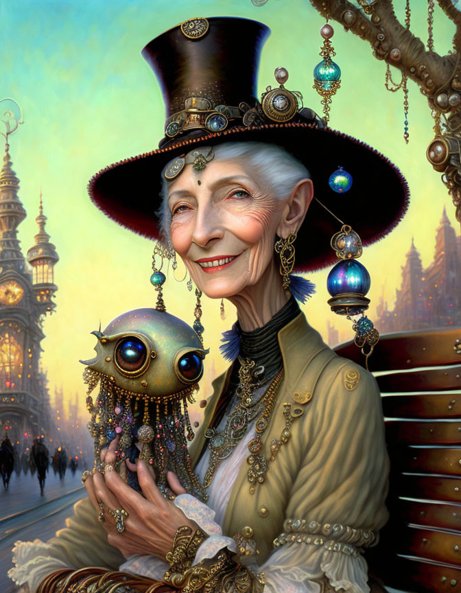 Elderly woman in Victorian steampunk attire holding mechanical creature.
