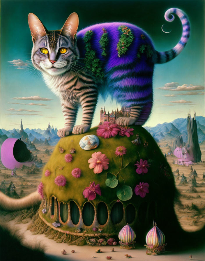 Surrealist painting of striped cat on green structure in fantastical landscape