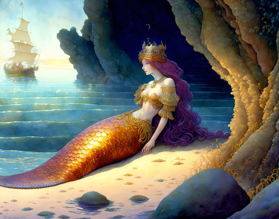 Golden-scaled mermaid with crown on rock, ship in background at sunset