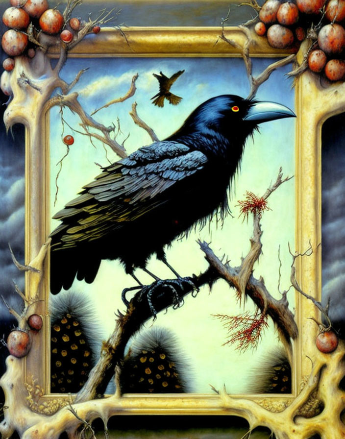 Surrealist painting featuring black crow on barren tree with strange branches and stormy sky