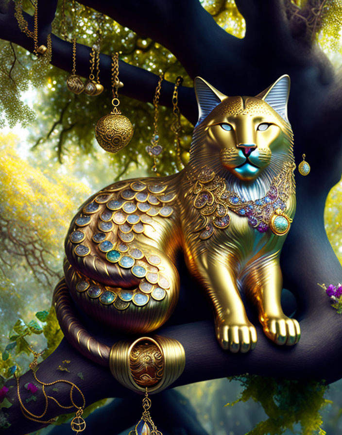Golden Cat with Jewelry in Enchanted Forest Tree