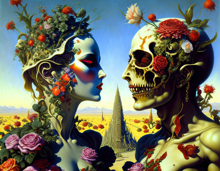 Surreal painting of figures with floral-skeletal faces in desert scene