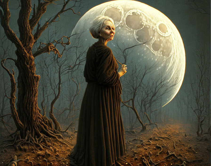 Elderly person in dark forest gazes at large, textured moon