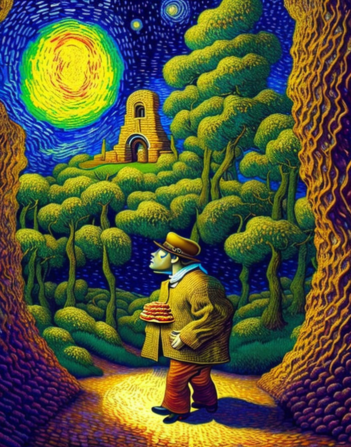 Man in hat and suit with pie in vibrant forest under starry sky