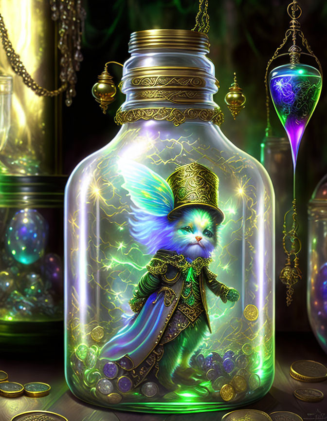 Magical fairy cat in top hat and cloak, trapped in glass jar with orbs and coins