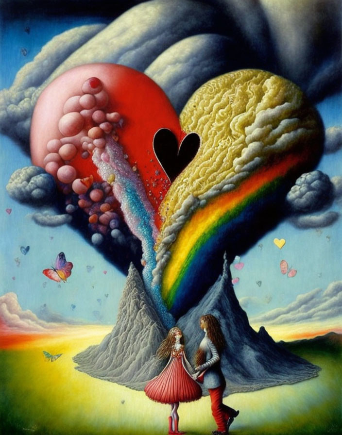 Surreal painting of couple with heart, sky, earth, rainbow, butterflies