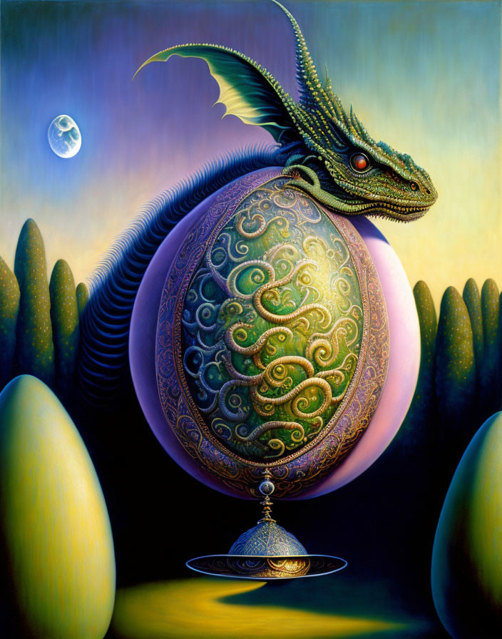 Fantastical dragon with intricate patterns on egg-like structure under moon.