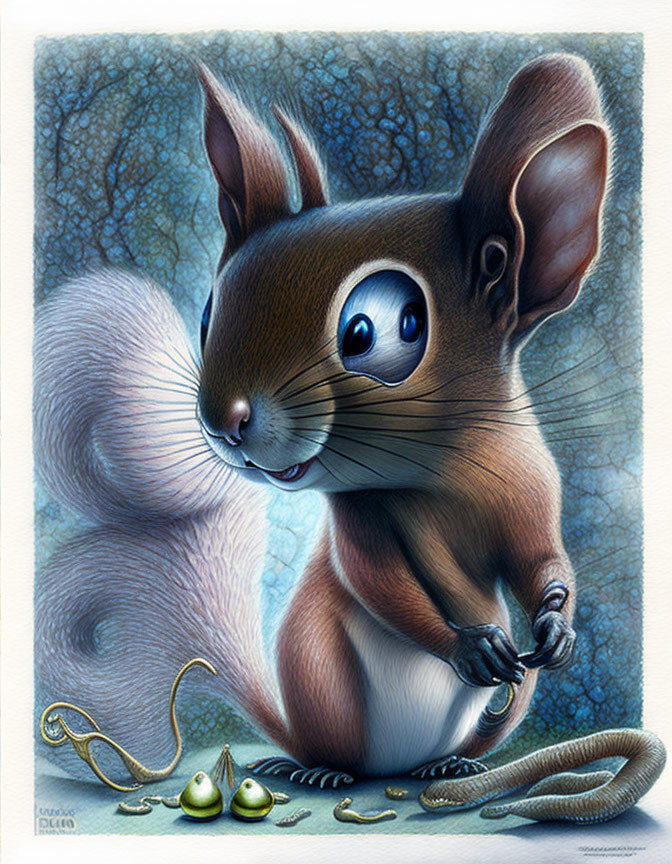 Illustrated squirrel with oversized blue eyes and twig in hands on textured background