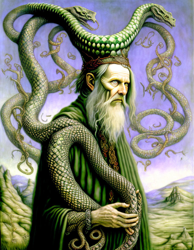 Elderly man in green robes with long white beard and serpents illustration
