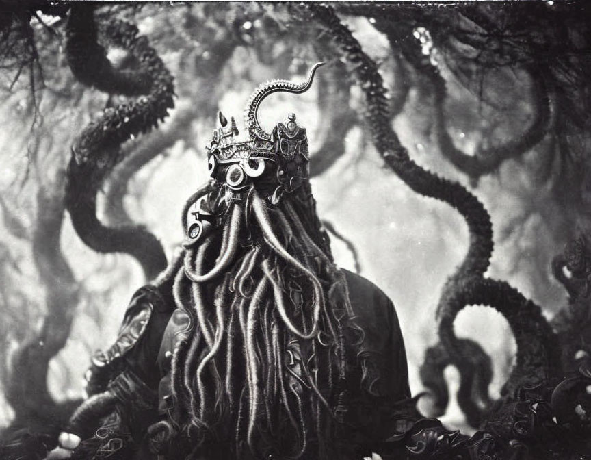 Monochrome portrait of person with ornate crown and tentacle-like features.