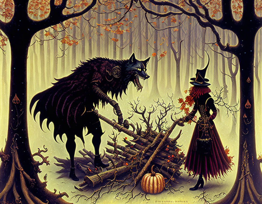 Illustration of wolf-like creature with woman in Victorian attire in eerie autumn forest