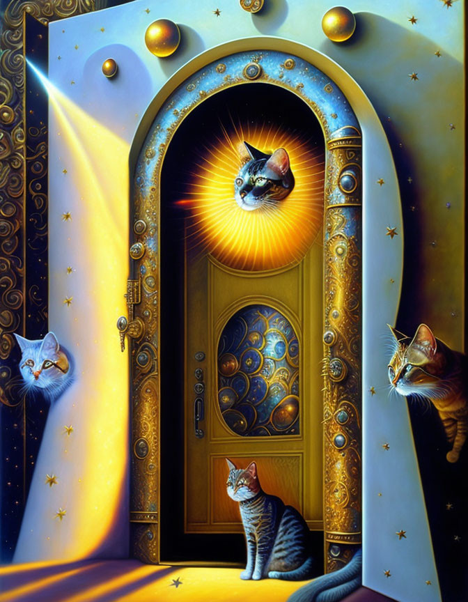 Celestial-themed painting with multiple haloed cats and starry door