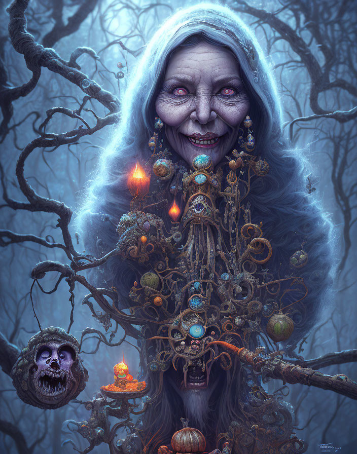 Illustration: Eerie witch with glowing purple eyes in sinister forest