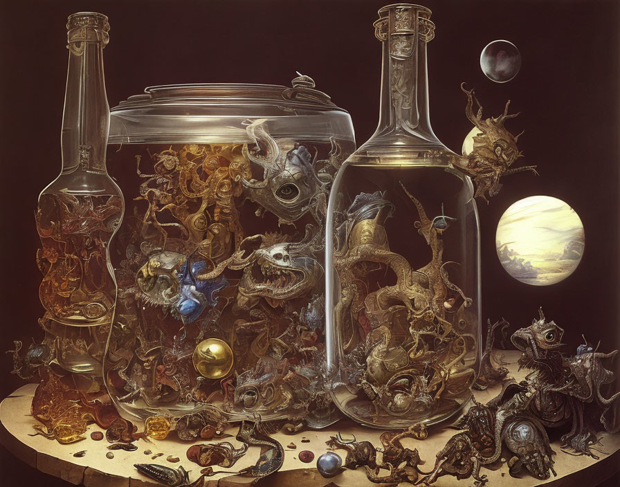 Glass jars and bottles with fantastical creatures under moon and bubble.