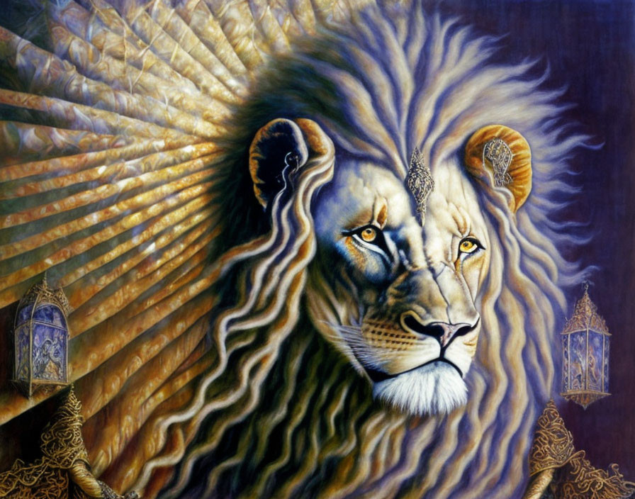 Majestic lion art with human-like gaze, sun rays mane, ornate adornments.