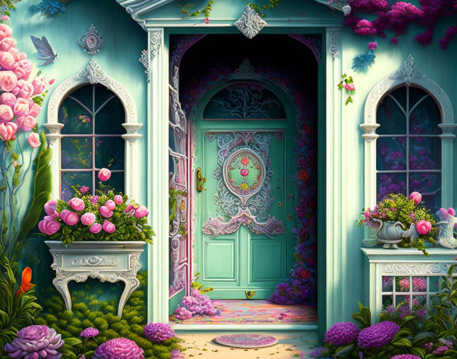 Teal door with intricate patterns and pink flowers on blue wall