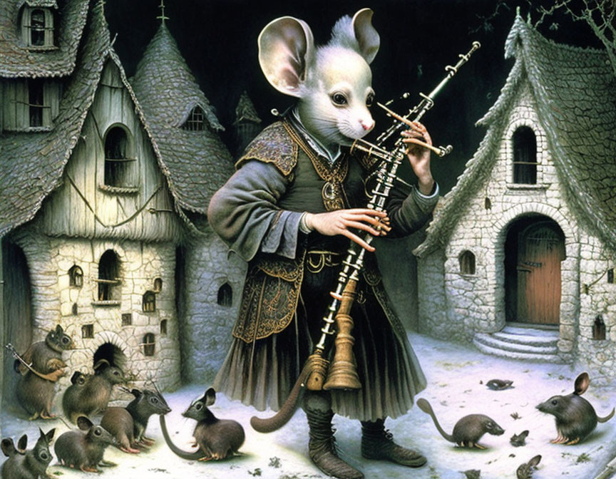 Medieval-themed anthropomorphic mouse playing bagpipe in village scene