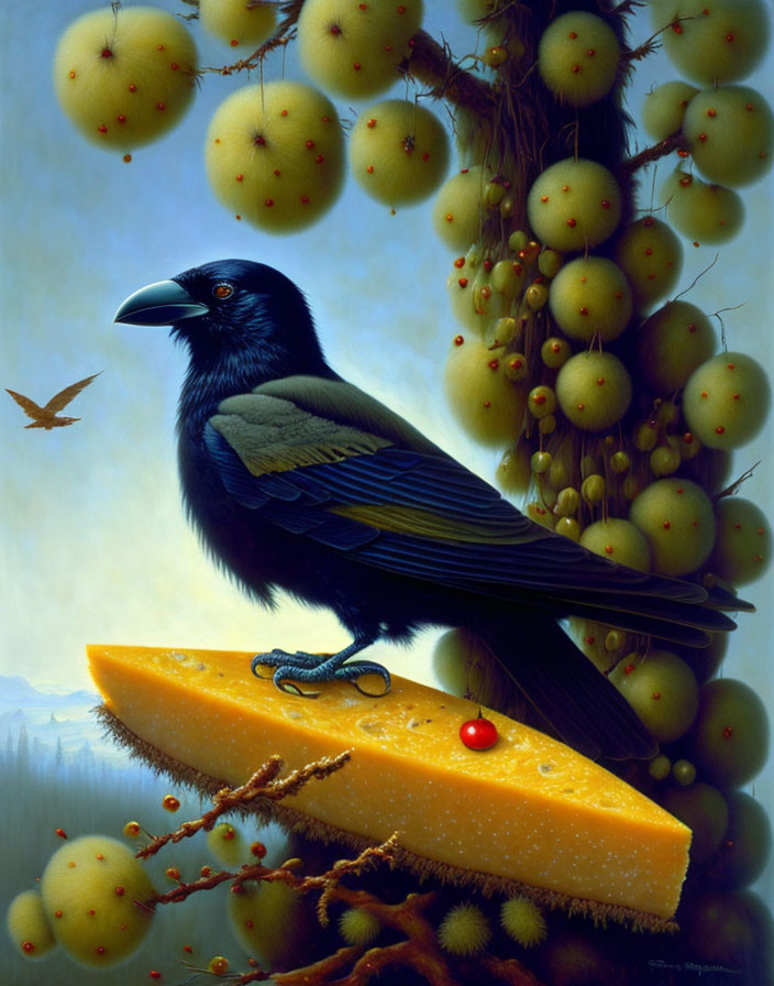 Raven on cheese slice with fruit and flying bird