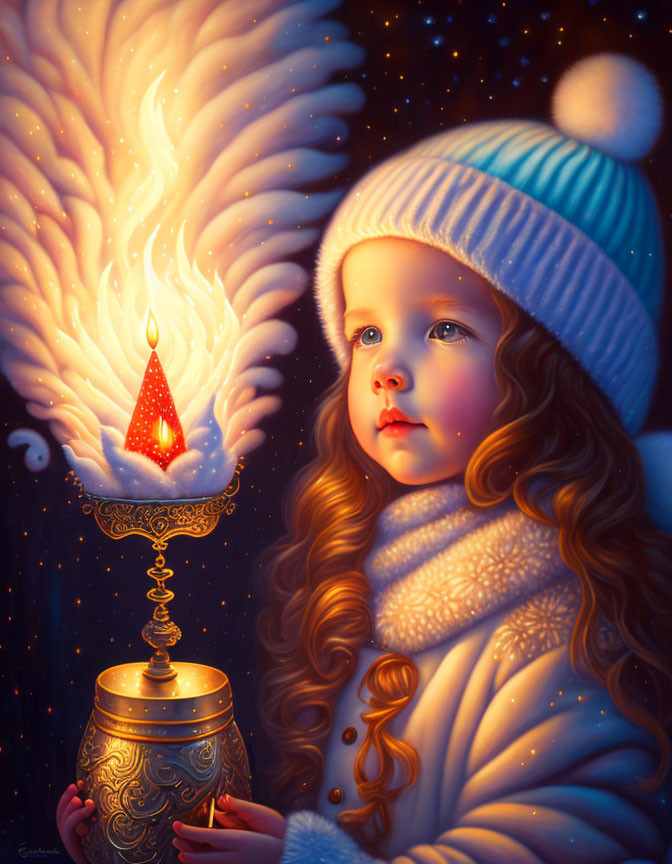 Young girl in winter attire with ornate lantern and magical flame against starry night.
