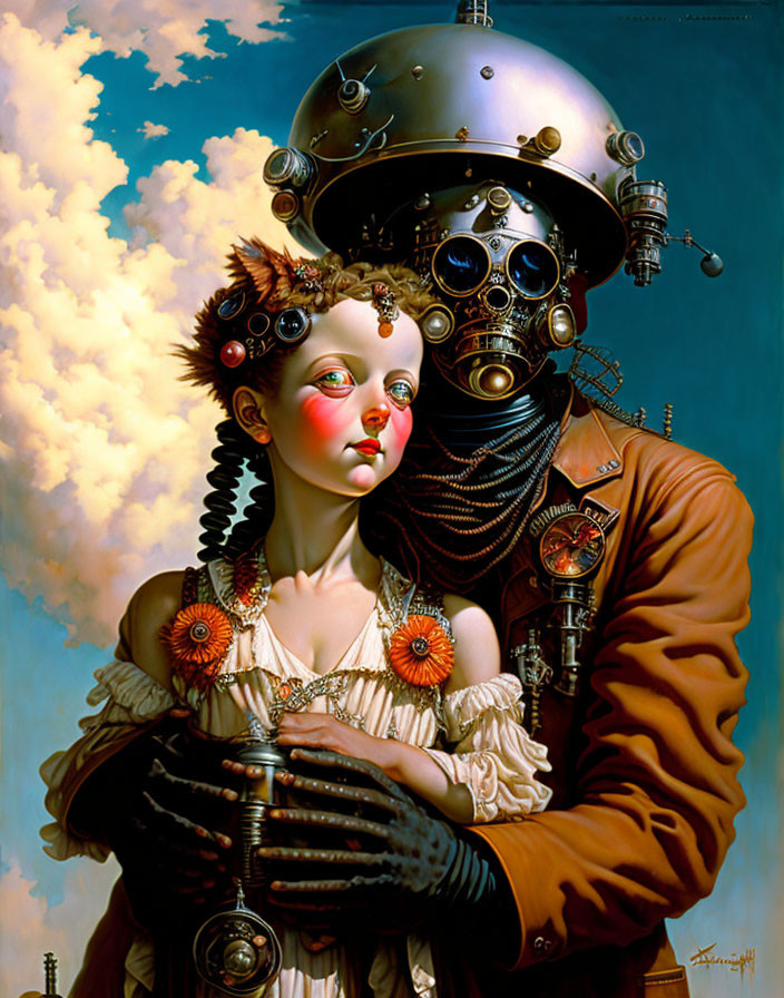 Surreal steampunk-style illustration with human girl and robot in aviator gear