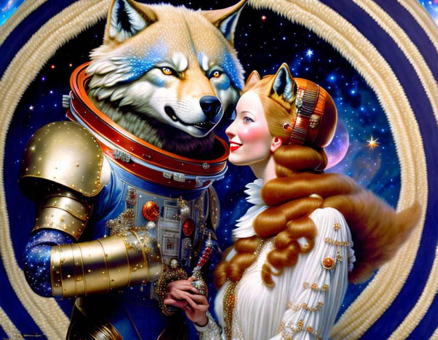 Illustration of woman in vintage space suit kissing wolf astronaut in cosmic setting