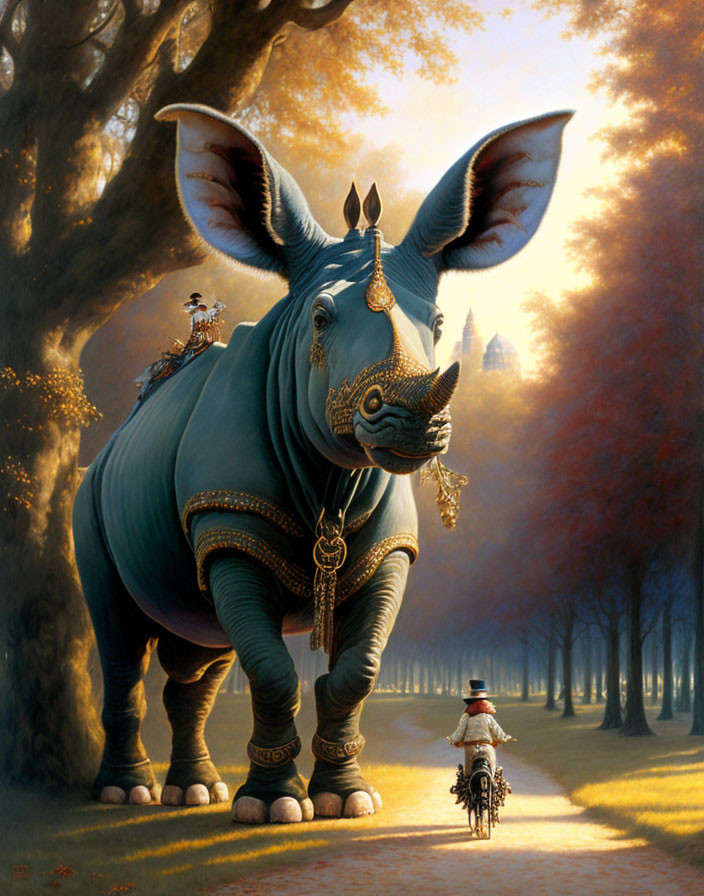 Surreal painting: Blue rhinoceros with golden trappings in autumn forest