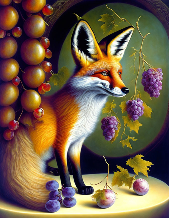 Red Fox Among Purple Grapes and Golden Leaves on Moody Background