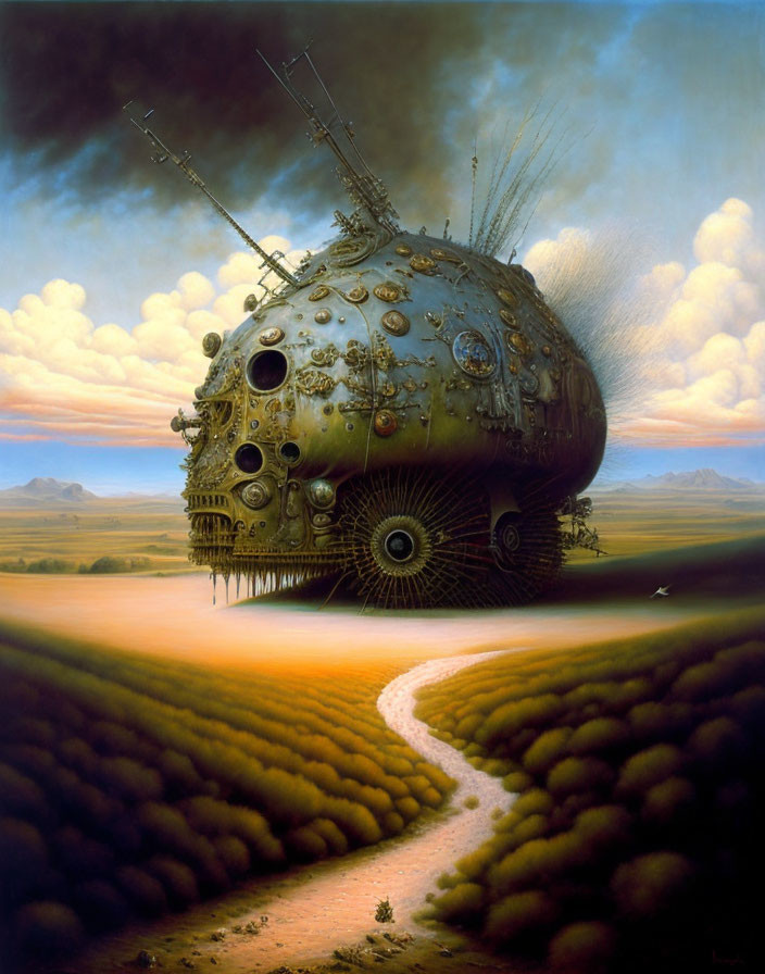Surreal painting of large steampunk orb structure in detailed landscape