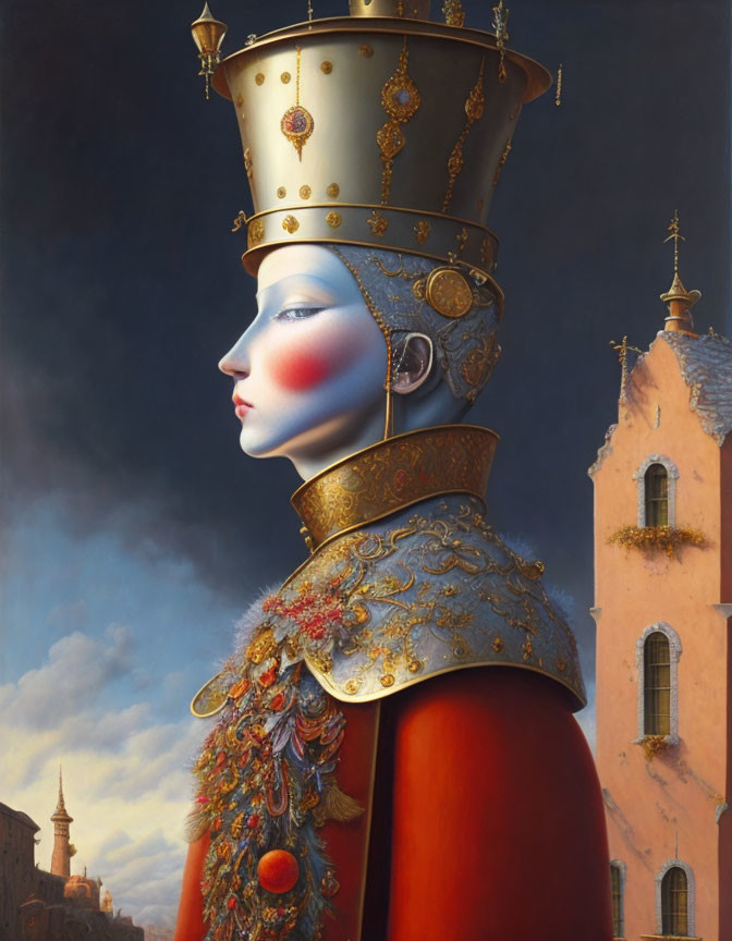 Surreal portrait of person with elongated neck in ornate attire with church background