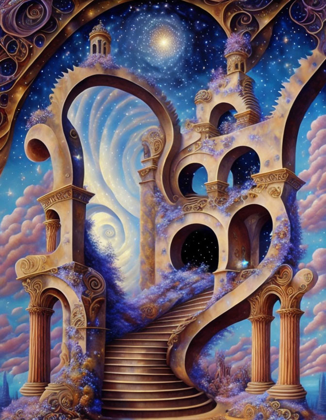 Fantastical surreal artwork: staircase among clouds and stars
