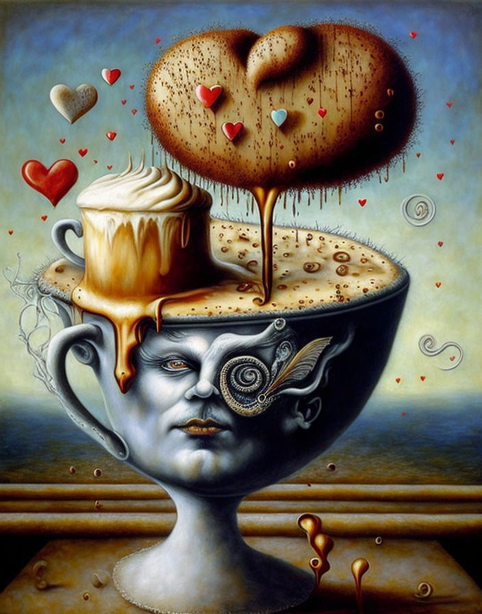 Surreal painting: head with cup brain, coffee overflow, floating hearts, coffee bean background