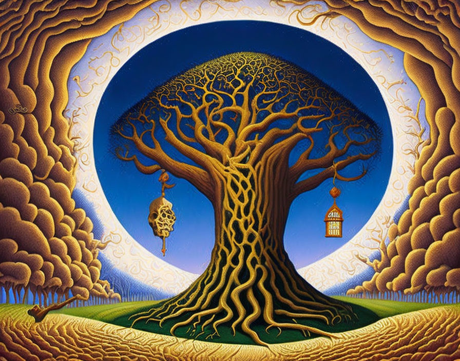 Whimsical painting of robust tree with turtle and birdcage against blue backdrop