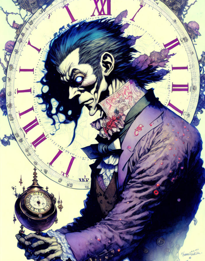 Sinister Victorian man with pocket watch and clock background