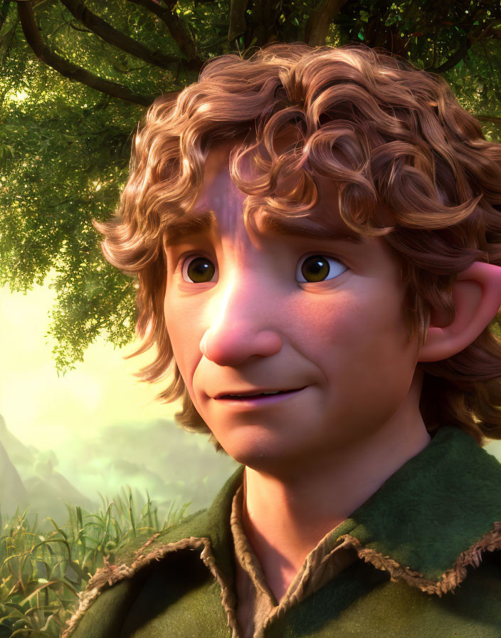 Young male character with curly hair and pointed ears in green forest setting.