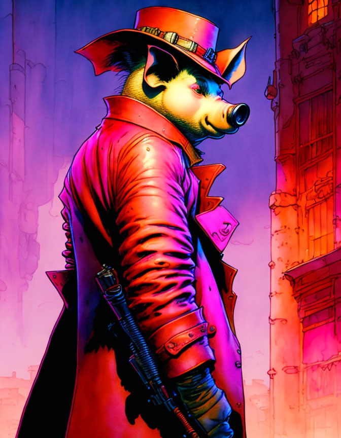 Anthropomorphic pig in trench coat and fedora with futuristic cityscape.