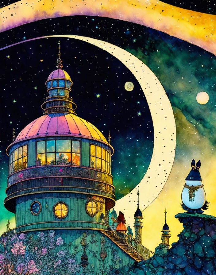 Whimsical observatory with crescent moon backdrop and stargazers