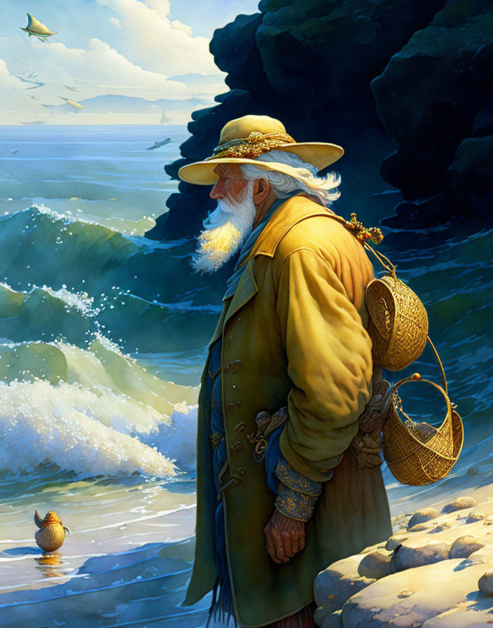 Elderly Bearded Man in Yellow Coat by the Sea with Seagulls